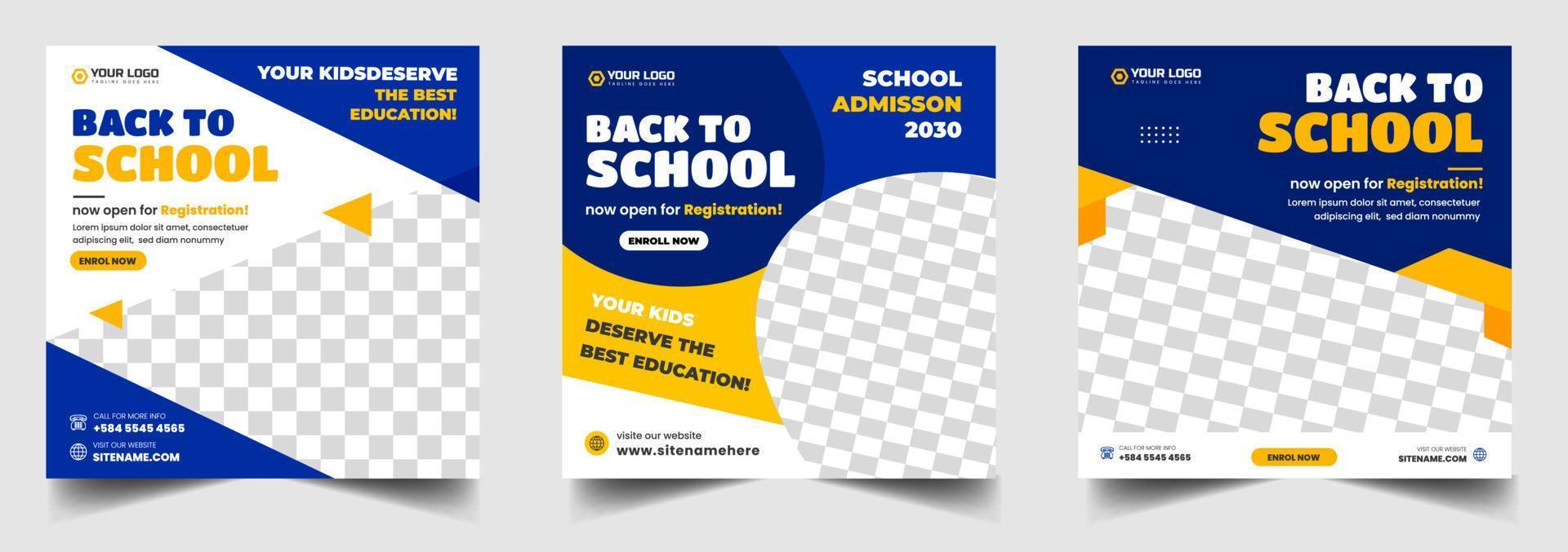 School admission social media post banner design. back to school social media post banner design set. Back to school admission promotion banner. school admission template for social media ad. vector