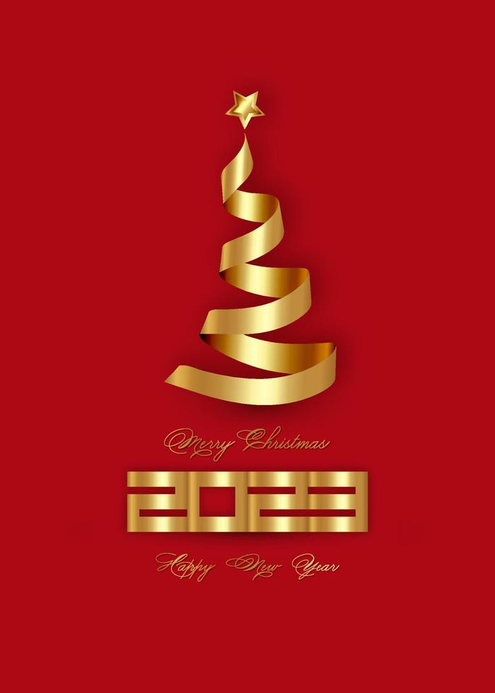 Merry Christmas and 2023 new year greeting card with stylized bright gold ribbon Christmas tree and star. Vector illustration isolated on red background