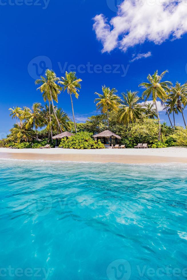 Paradise island beach. Tropical landscape of summer scenery, sea sand sky palm trees. Luxury travel vacation destination. Exotic beach landscape. Amazing nature, relax, freedom nature concept Maldives photo