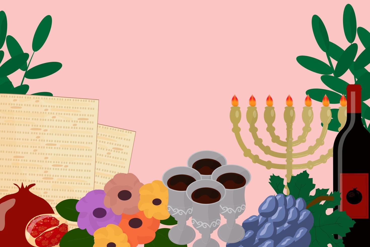 Pesach template for your design with matzah and spring flowers. Jewish holiday background. vector