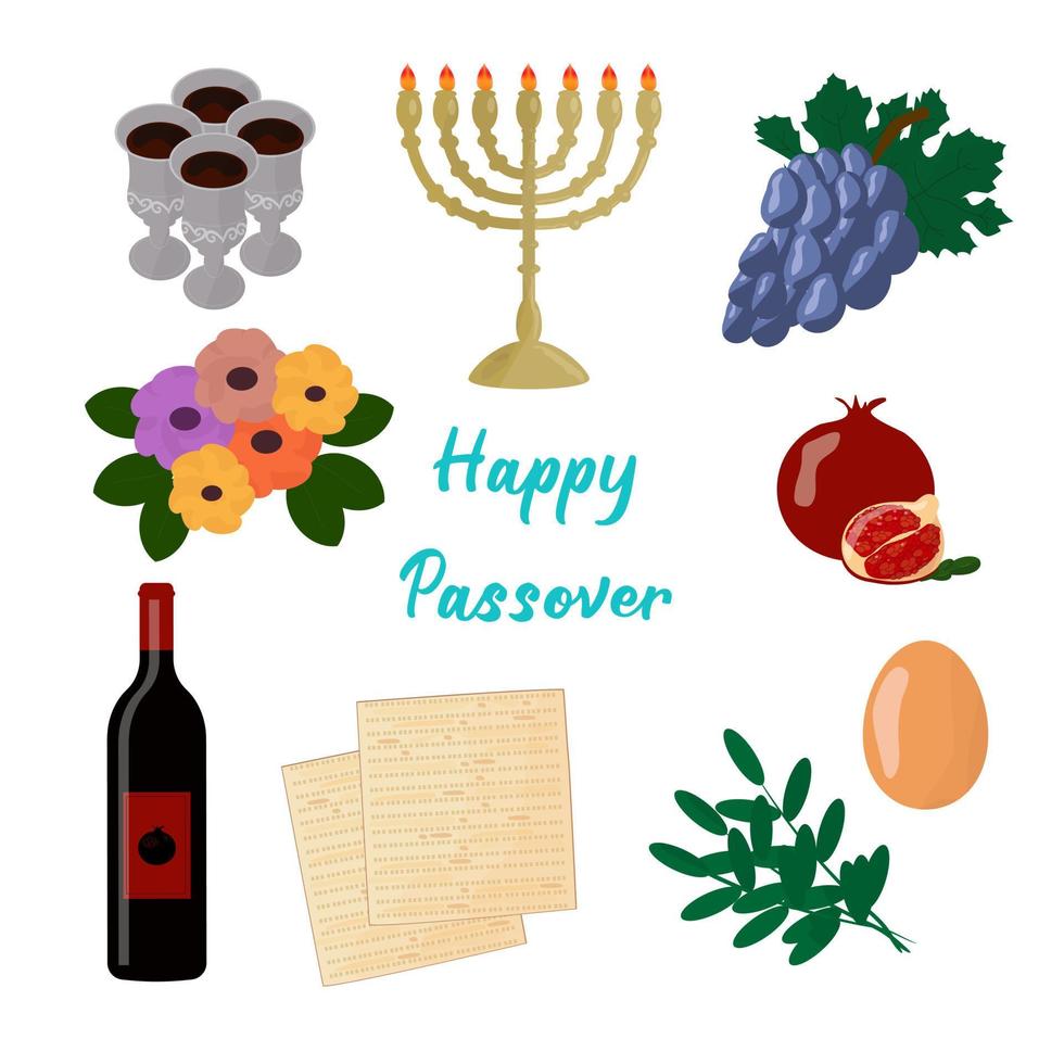 pascua judía conjunto de elementos decorativos con matzá y flores de primavera vector