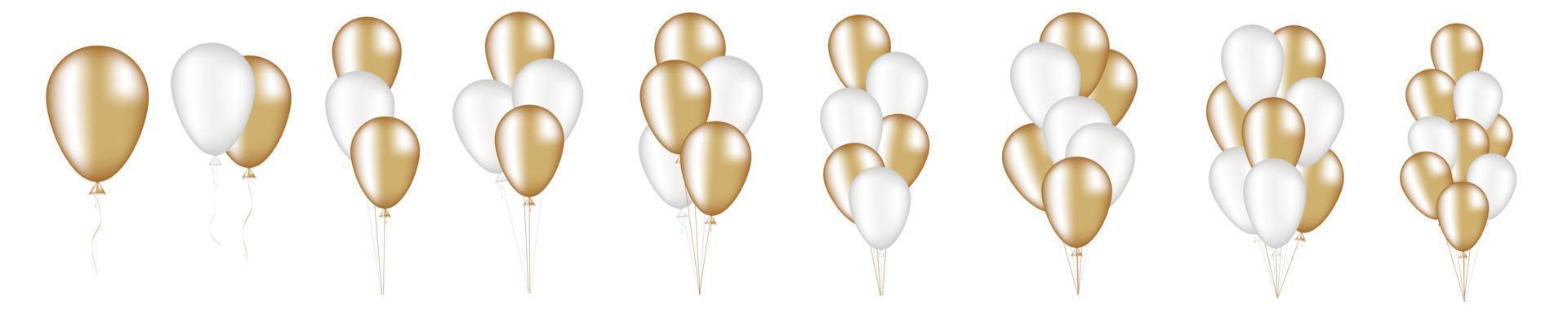 Big set of realistic golden and white balloons. Bouquets of balloons of various sizes vector