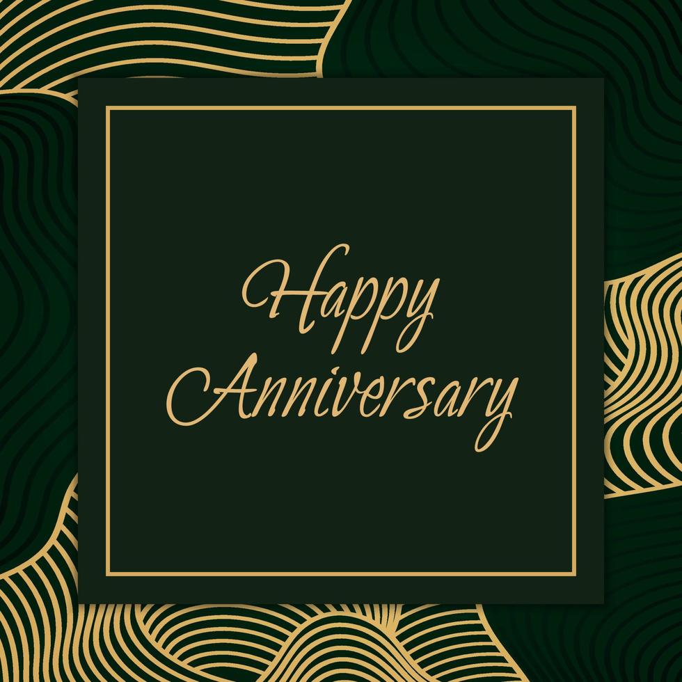 Happy anniversary modern wave curve abstract presentation background. Lines layer background. Abstract decoration, pattern, green and luxury gold gradients, vector illustration. Dark background