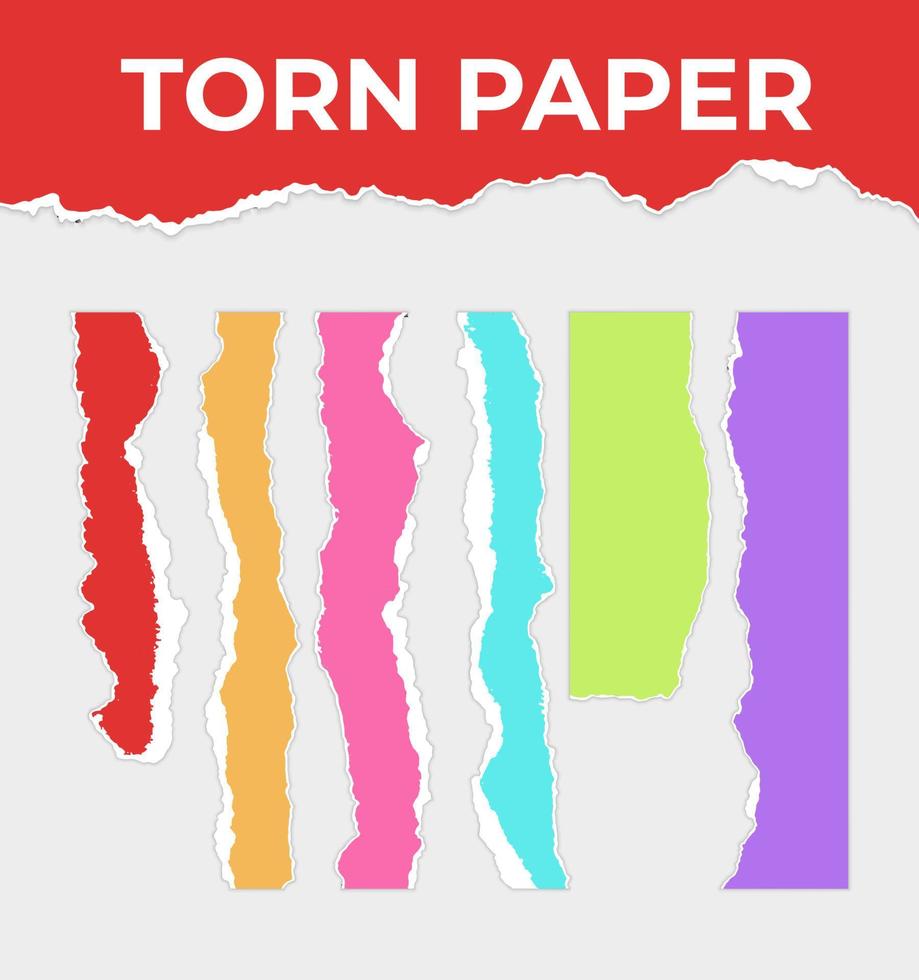 Collection of colorful torn paper strips. Realistic torn paper with torn edges. Ripped notes, scraps of notebook pages. Vector scrapbooking illustration.