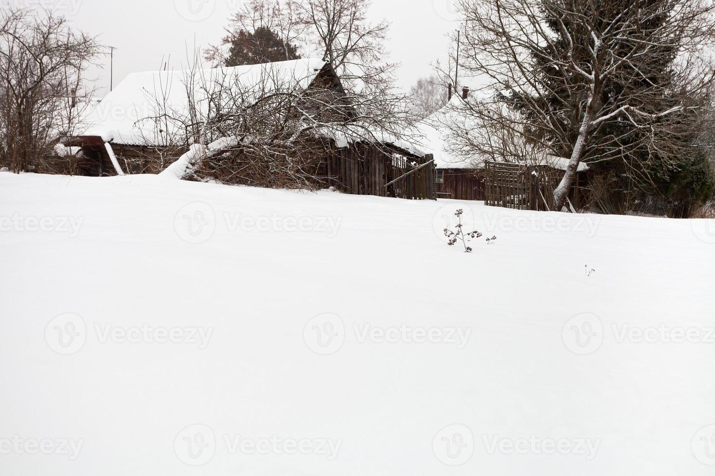 casas rústicas de madera cubiertas de nieve en el pueblo foto