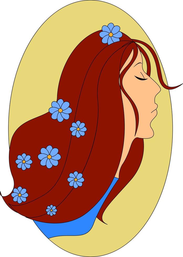 niña con flores en el cabello, ilustración, vector sobre fondo blanco.