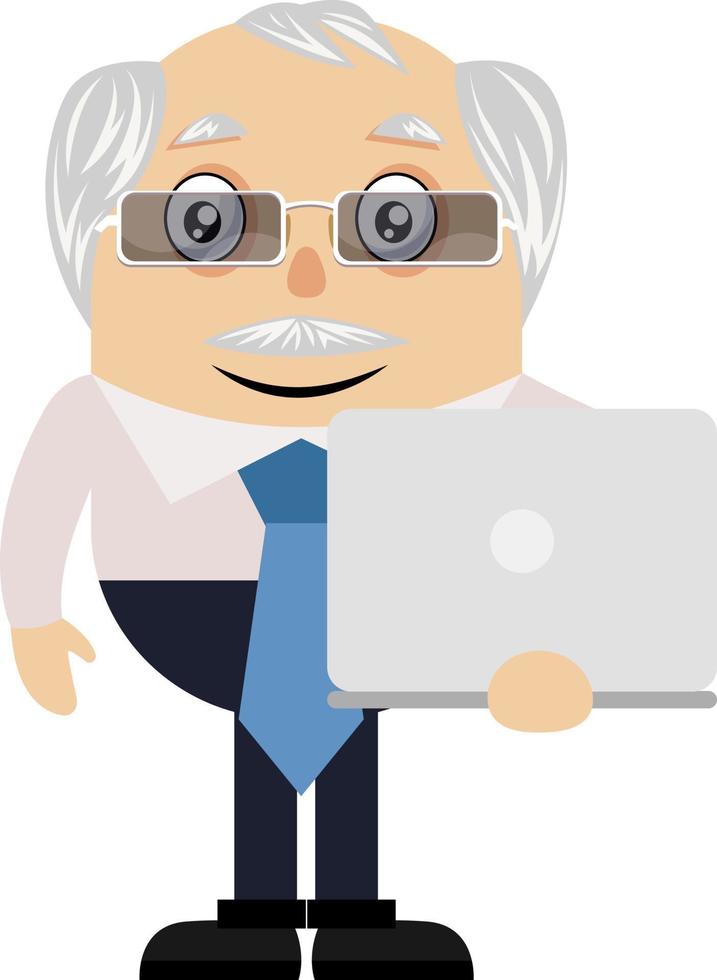 viejo con laptop, ilustración, vector sobre fondo blanco.