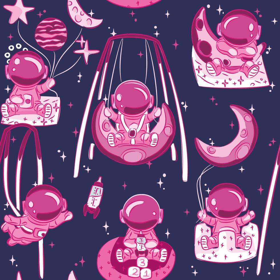 Cute Space cadets. Kid or Baby astronauts playing with space themed toys. Seamless pattern. Great forbids themed fabric, scrap-booking, gift-wrap, wallpaper, product design. Surface design. Vector