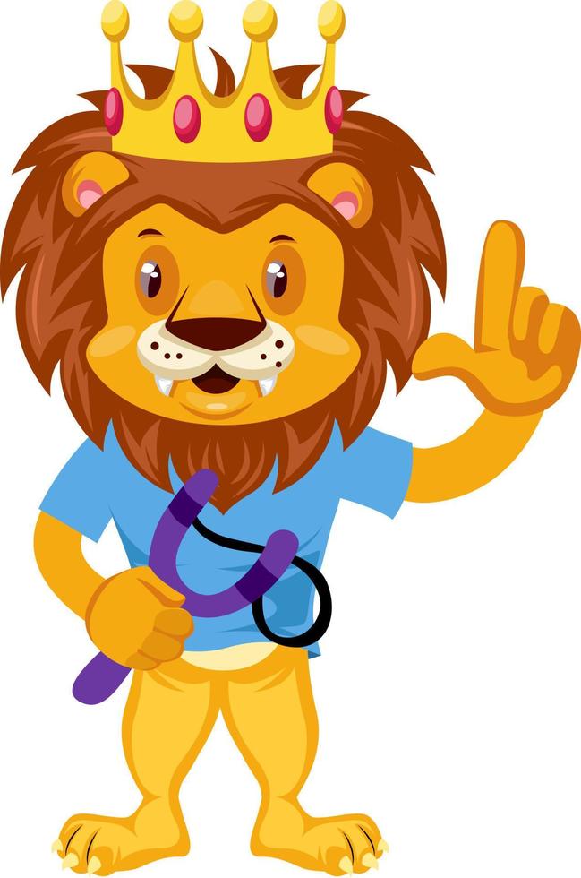 Lion with sling shot, illustration, vector on white background.