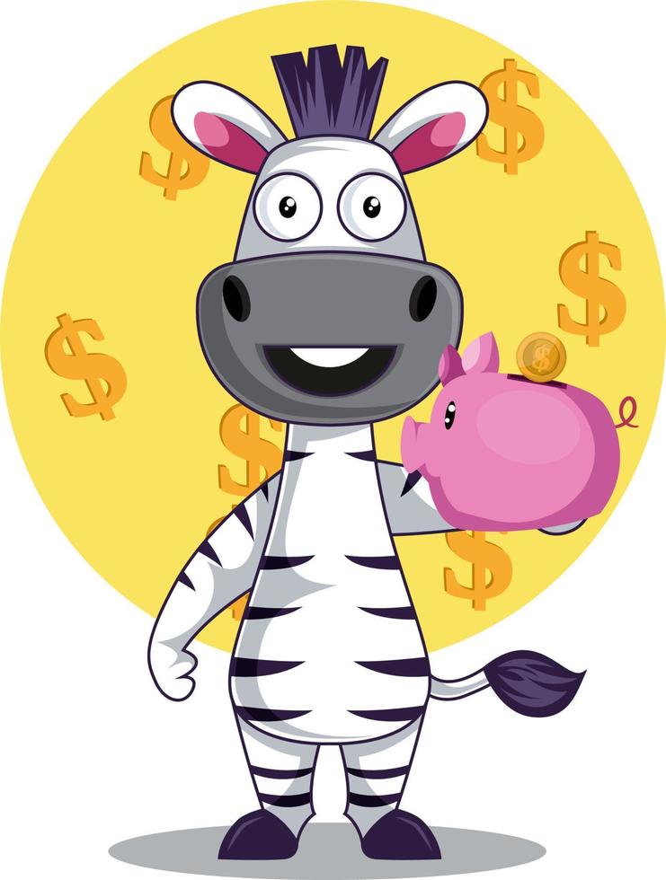 Zebra con dinero, ilustración, vector sobre fondo blanco.