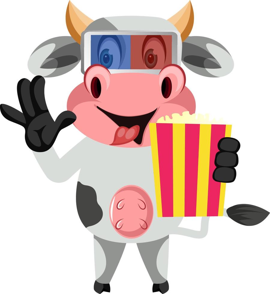 Vaca con palomitas de maíz, ilustración, vector sobre fondo blanco.