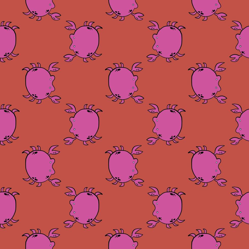 Violet crabs ,seamless pattern on red background. vector