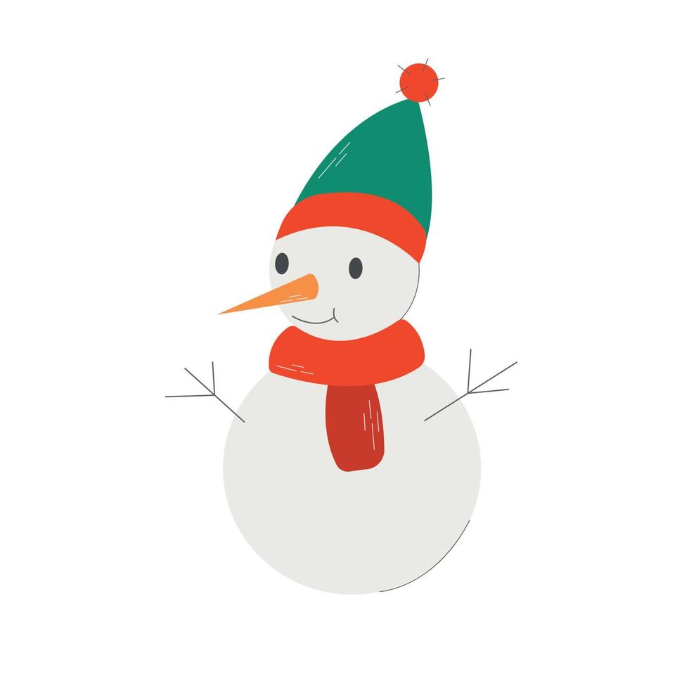 Cartoon cute snowman with a scarf and a hat. Christmas flat design. Vector illustration.