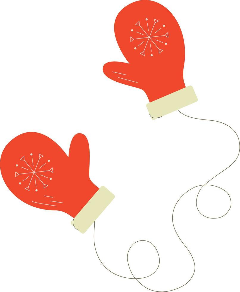 Pair of knitted red winter mittens with snowflakes. Vector illustration. Warm mitten icon. Christmas greeting card with mittens.