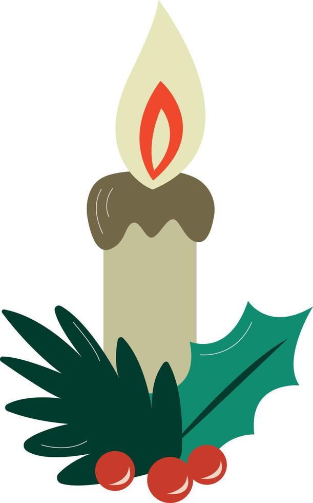 Christmas burning candle with leaves and berries. Vector cartoon decorative element in flat style.