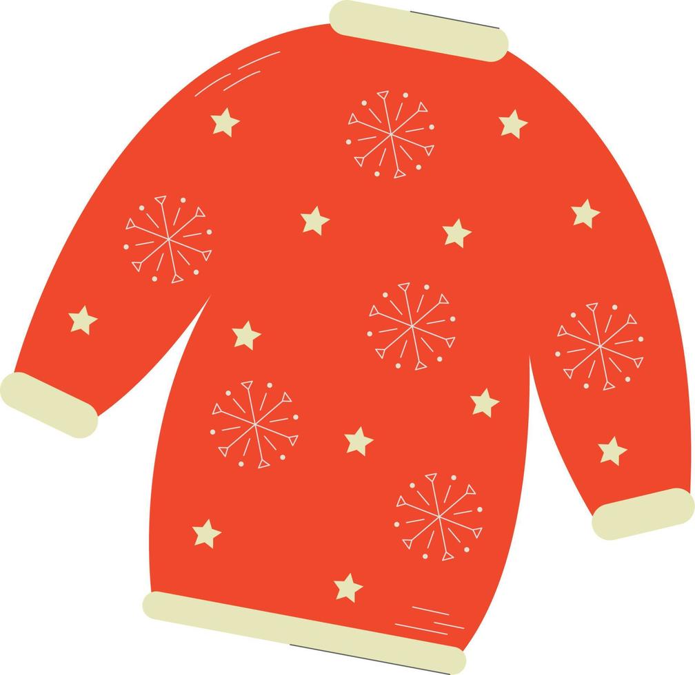 Vector knitted red winter sweater with snowflakes. Warm sweater icon. Christmas greeting card with a sweater.