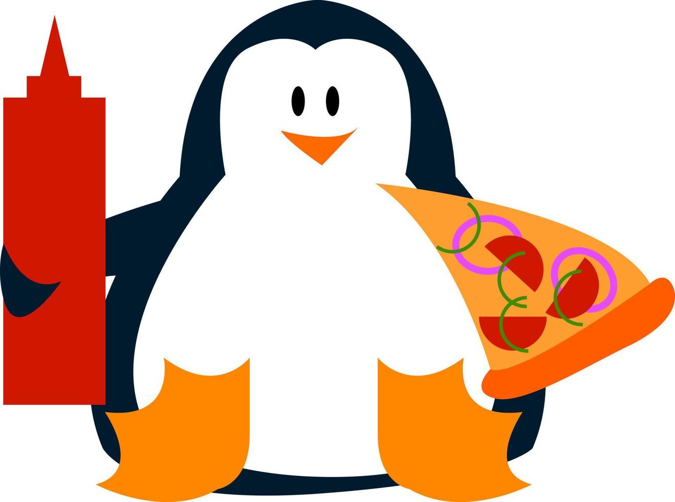 Penguin with pizza, illustration, vector on white background.
