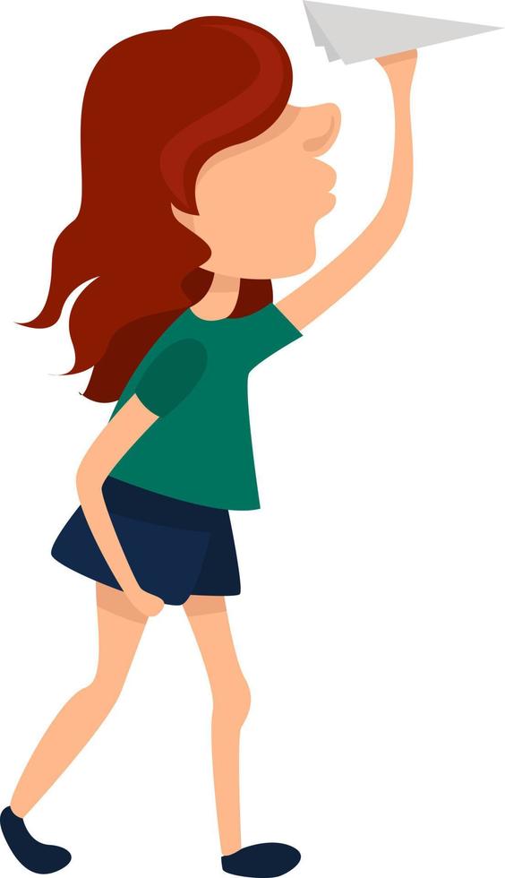 Woman with paper airplane, illustration, vector on white background