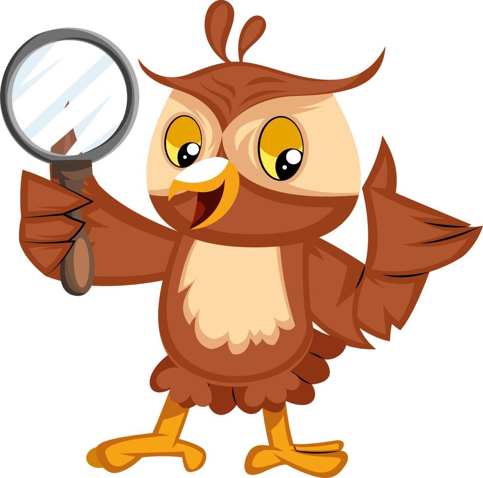 Owl with magnifying glass, illustration, vector on white background.