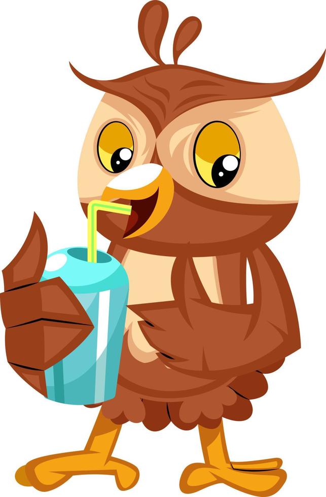 Owl drinking soda, illustration, vector on white background.