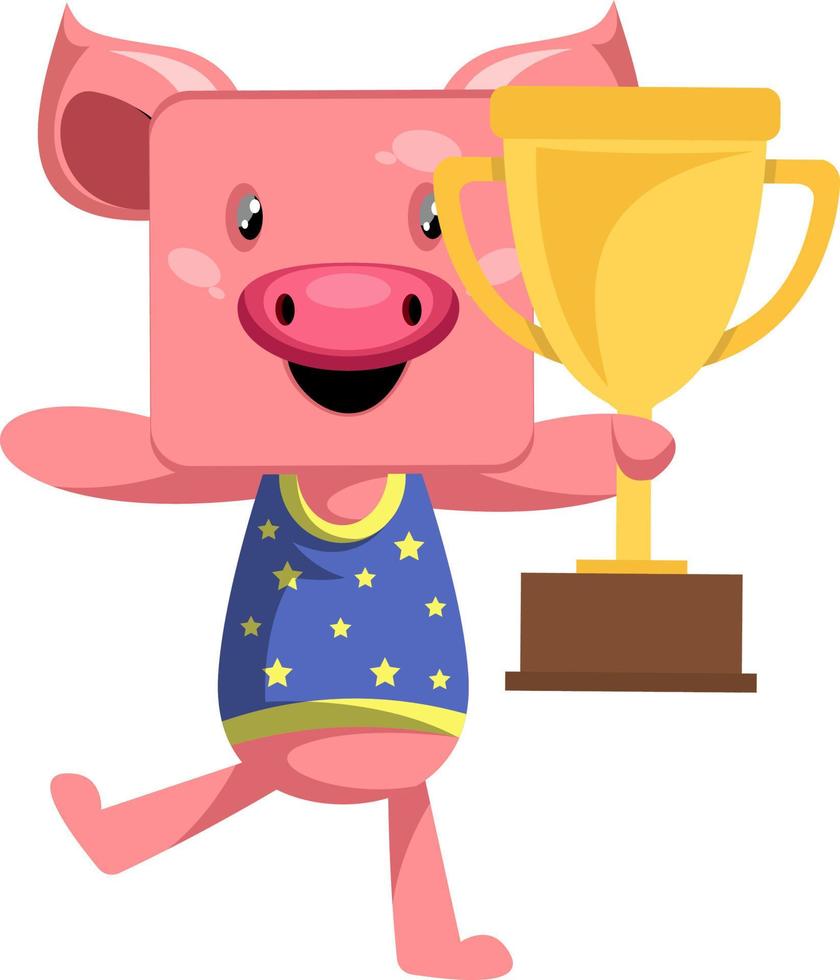 Pig with trophy, illustration, vector on white background.