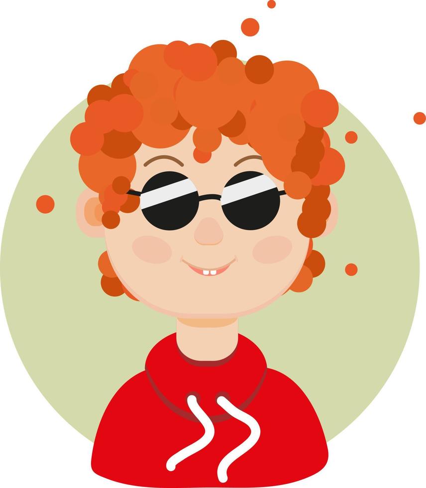 Chico de cabeza roja con gafas de sol, ilustración, vector sobre fondo blanco.