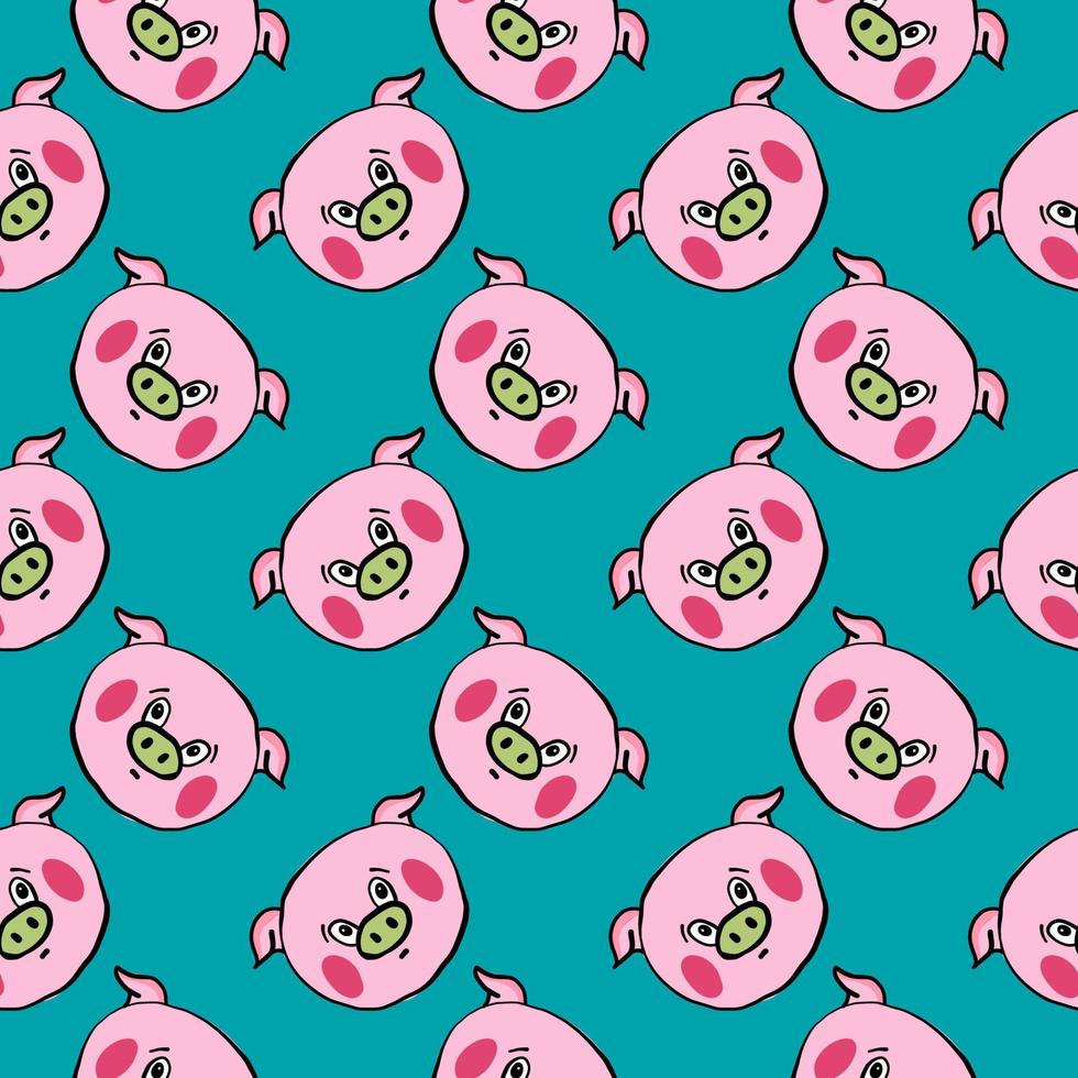 Pig head ,seamless pattern on blue  background. vector