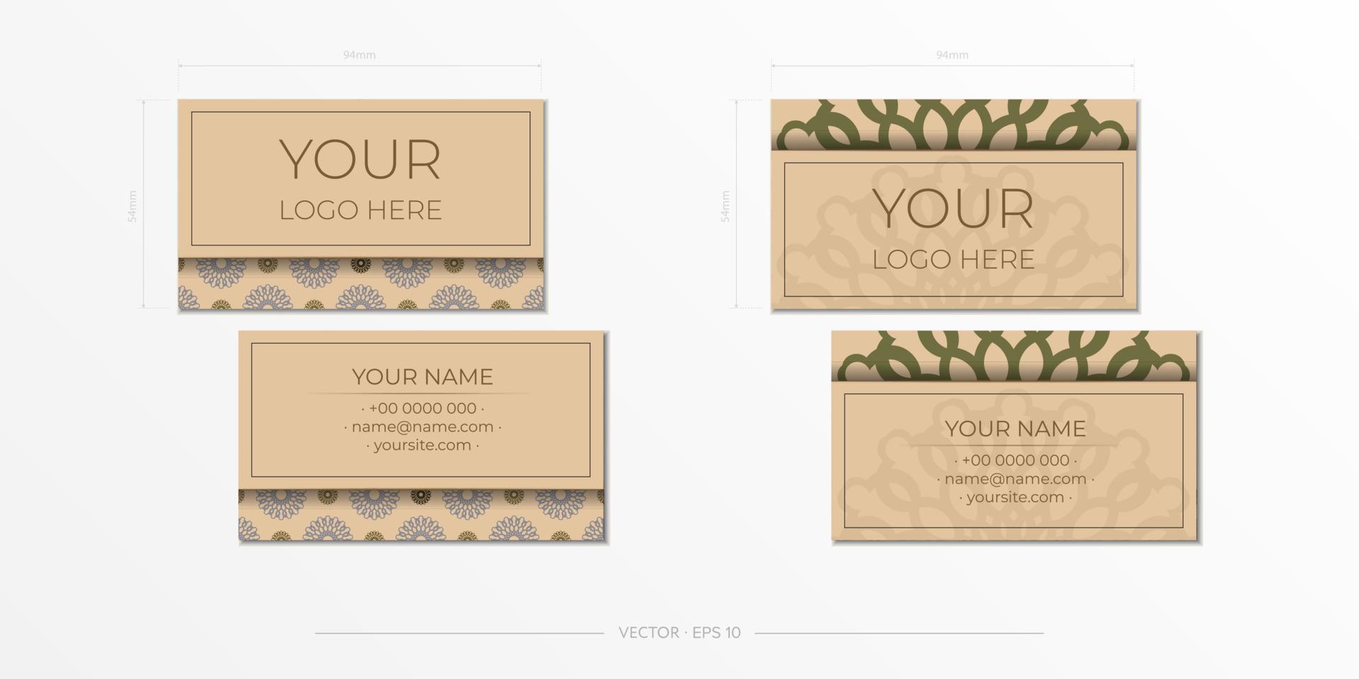 Business card design in beige color with luxurious ornaments. Vector business cards with place for your text and abstract patterns.