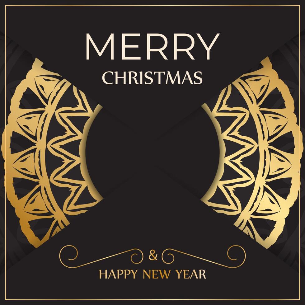 Greeting card Merry Christmas and Happy New Year in black color with gold pattern. vector