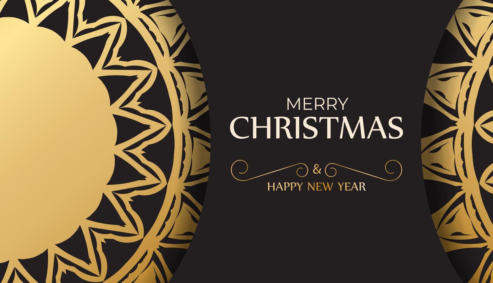 Flyer Merry Christmas and Happy New Year in black color with gold ornaments. vector