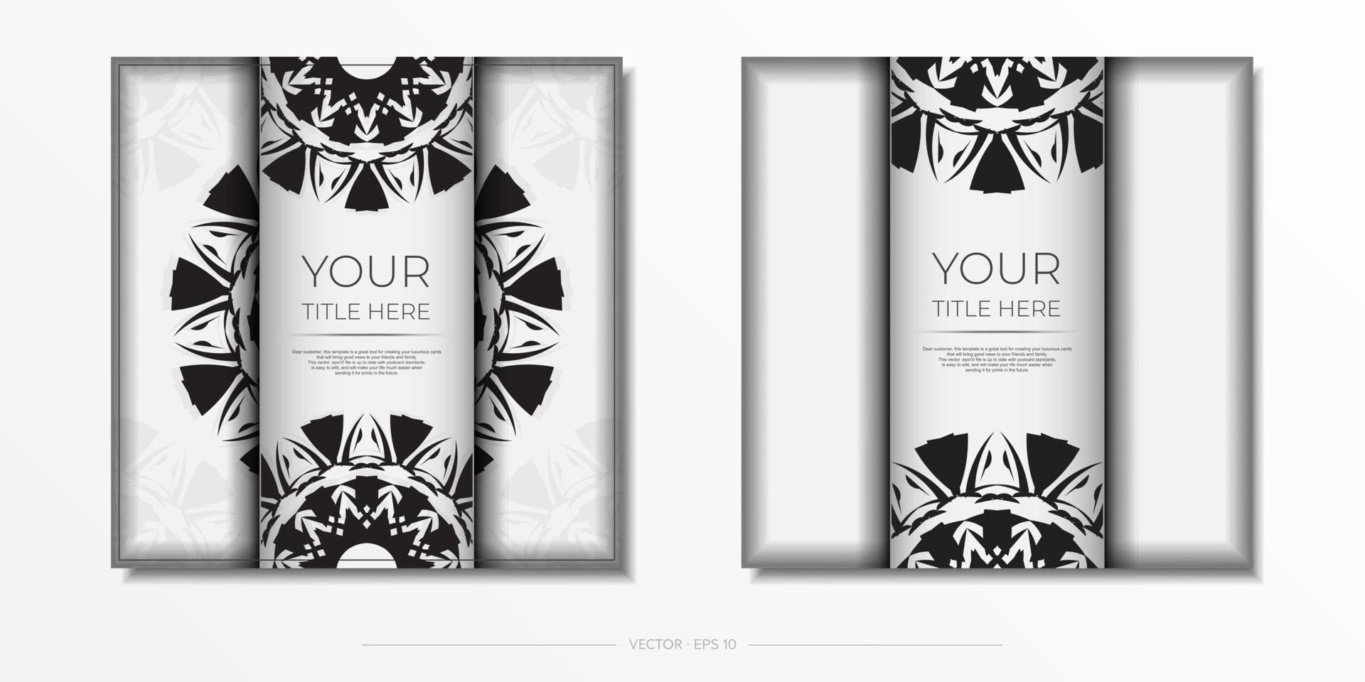 Invitation card template with place for your text and abstract ornament. Luxury Vector Design Postcard White Color with Black Ornaments.