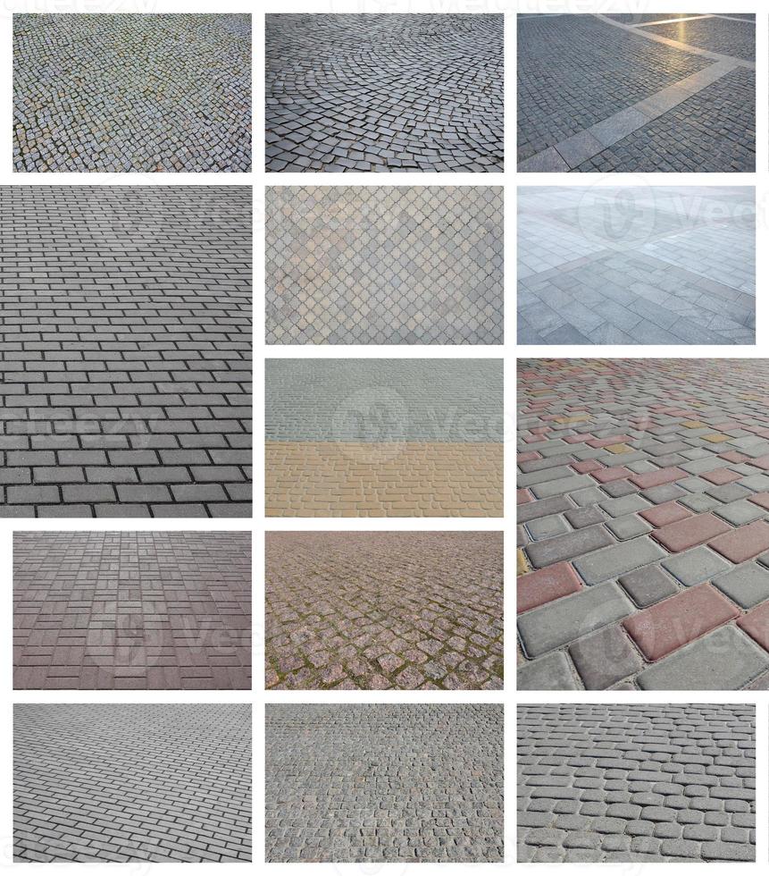A collage of many pictures with fragments of paving tiles close-up. Set of images with pavement stone photo