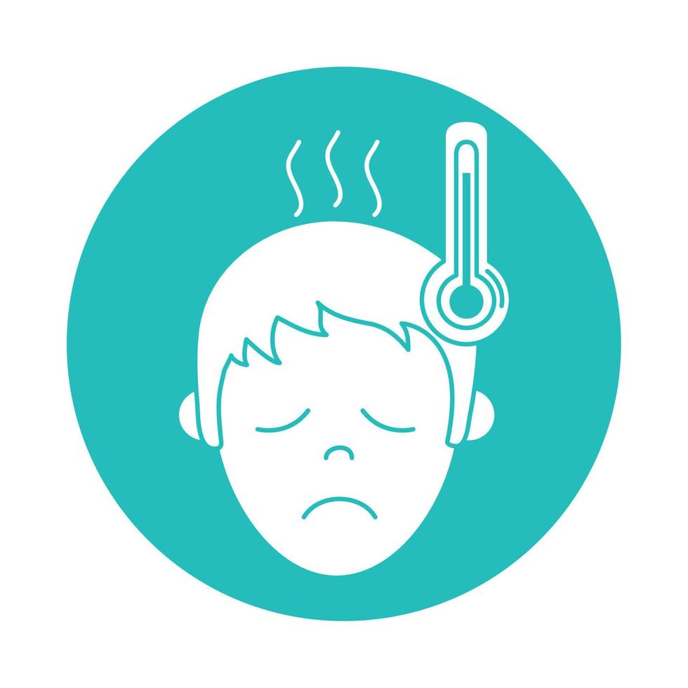 virus covid 19 pandemic boy with fever thermometer block style icon vector