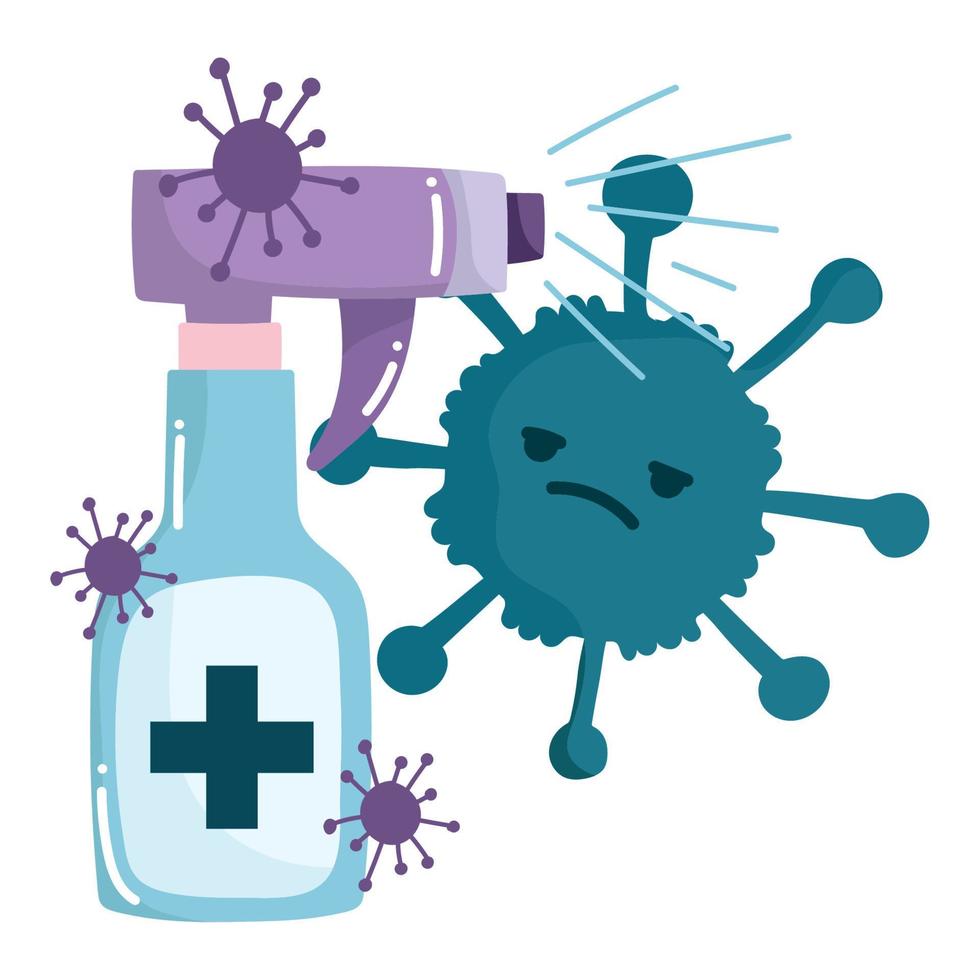 covid 19 virus cartoon and alcohol spray bottle vector design