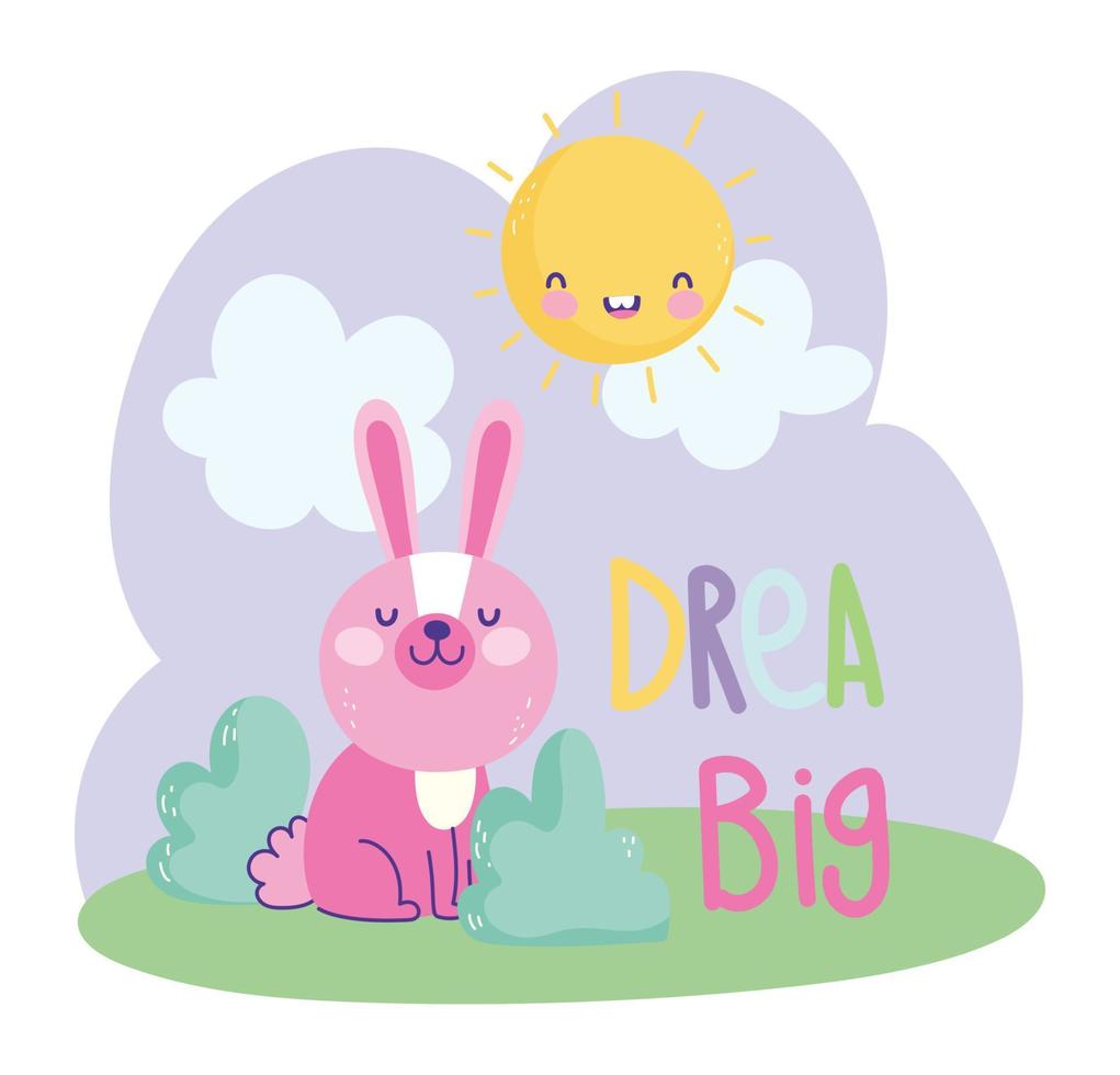 little rabbit sitting grass sun clouds cartoon cute text vector