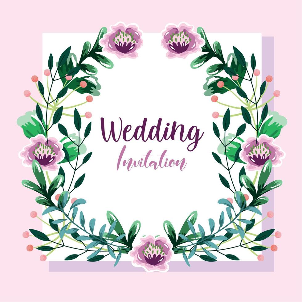 wedding invitation, wreath with flowers and leaves floral template vector