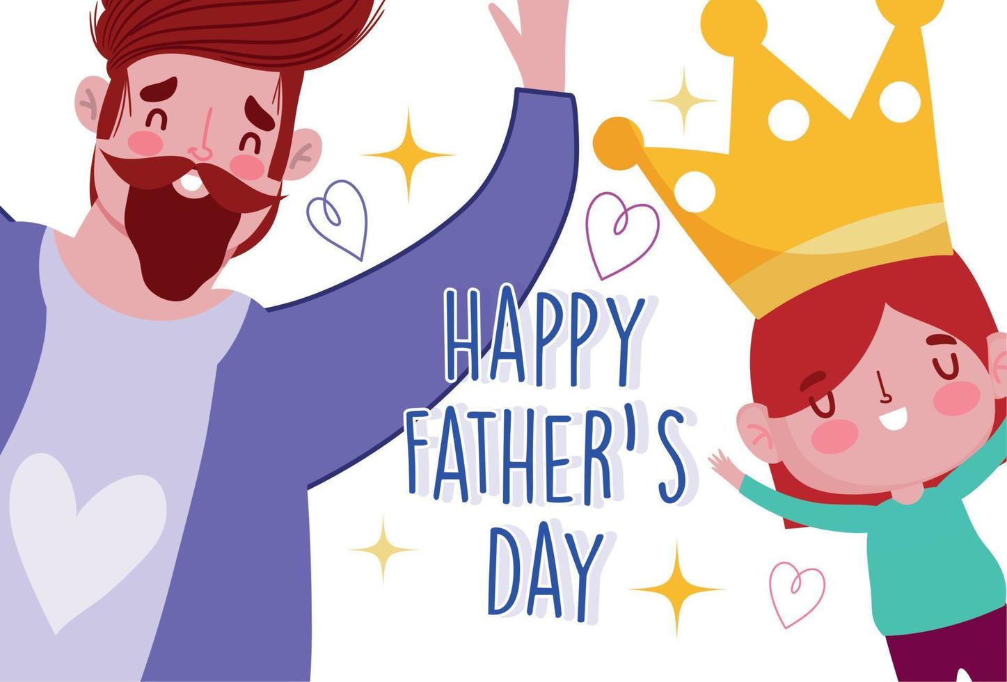 happy fathers day, bearded dad with son crown celebration vector
