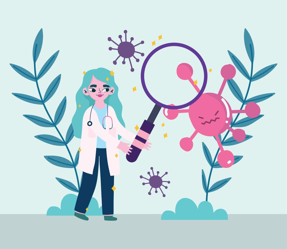 covid 19 virus and woman doctor with lupe and leaves vector design