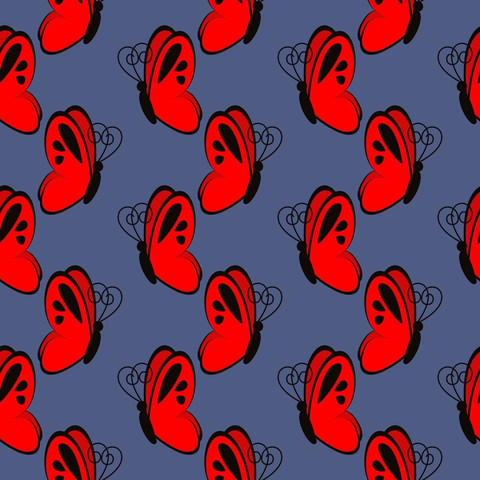 Red butterfly , seamless pattern on a dark blue background. vector