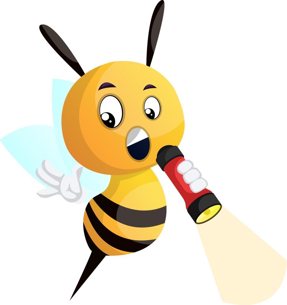 Bee holding flashlight, illustration, vector on white background.