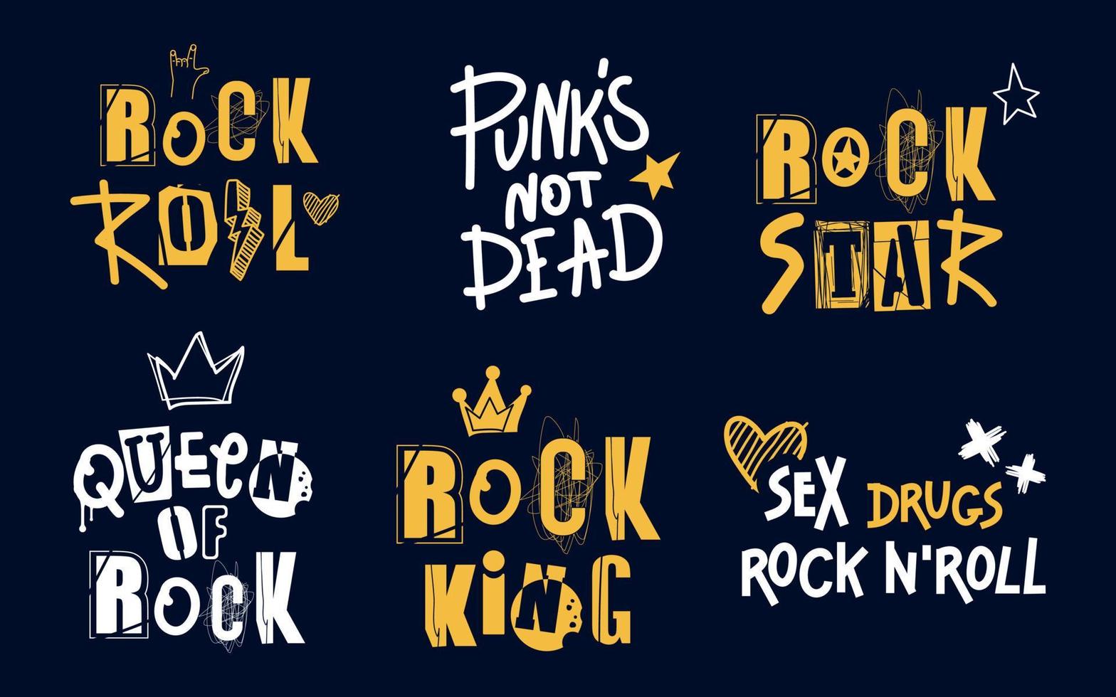 A set of painted lettering. Rock and roll, queen of rock, king of rock, sex, drugs, punks no dead vector