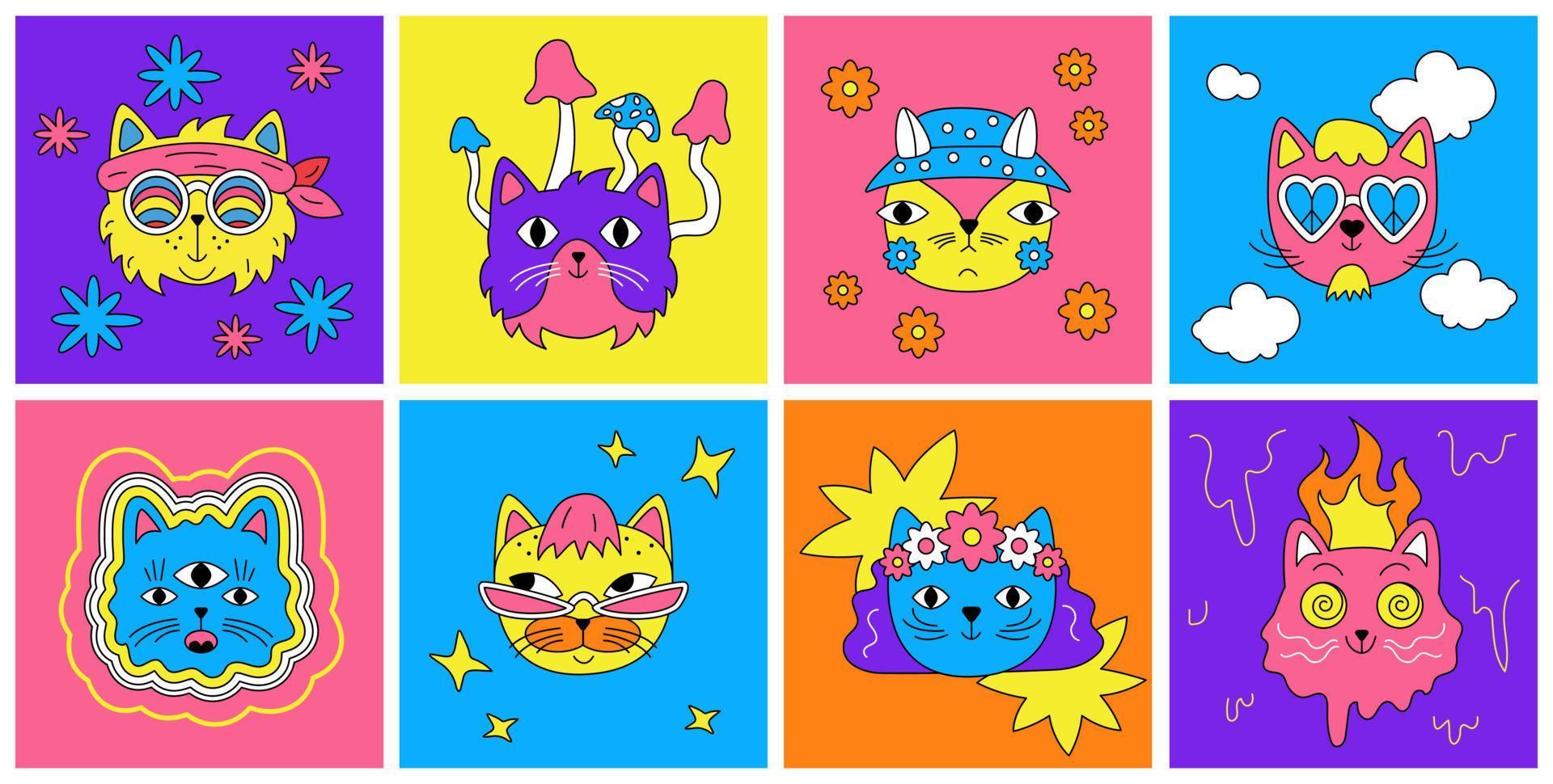 A set of hippie cats. Hallucinogenic bright faces. Retro stickers in the style of raves of the 70s, 60s. Acid rave vector