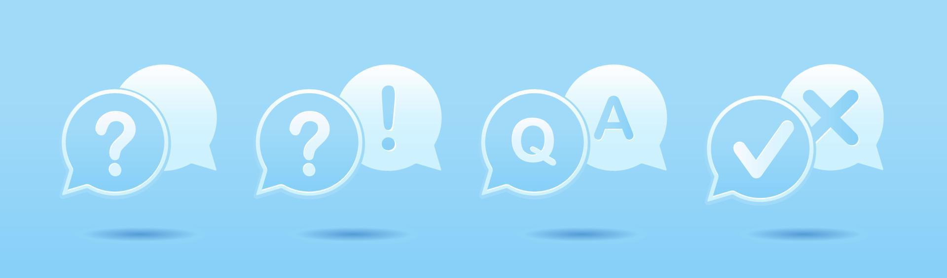 A set of three-dimensional 3d icons in the style of cut paper. Answers to questions, FAQ, support help, chat on a blue background vector