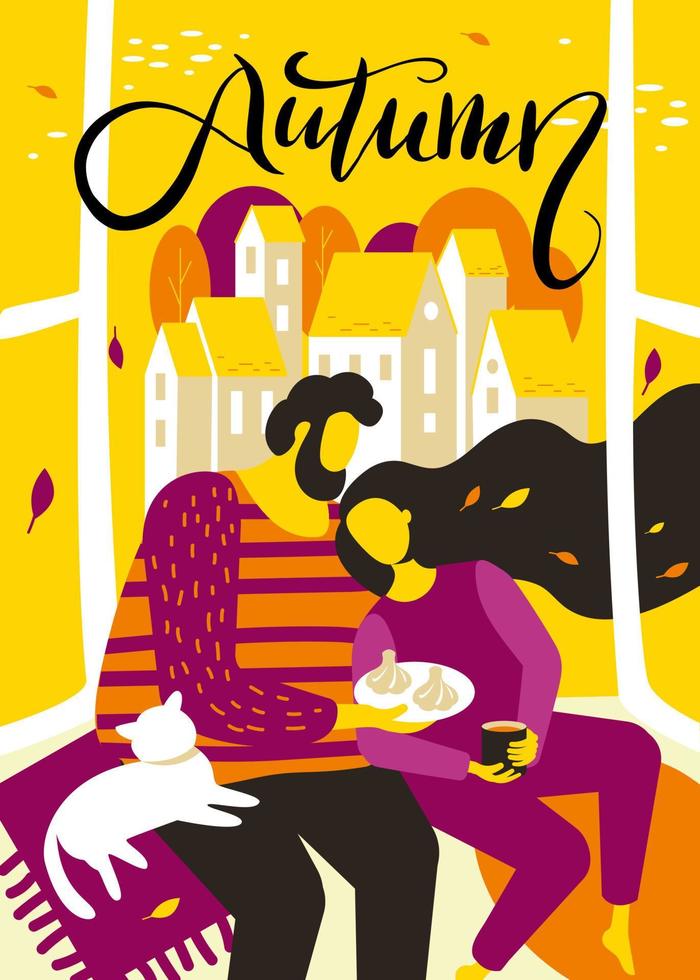 Lovers hug and drink tea in autumn on the window with a cat. A woman and a bearded man drink tea in the city vector