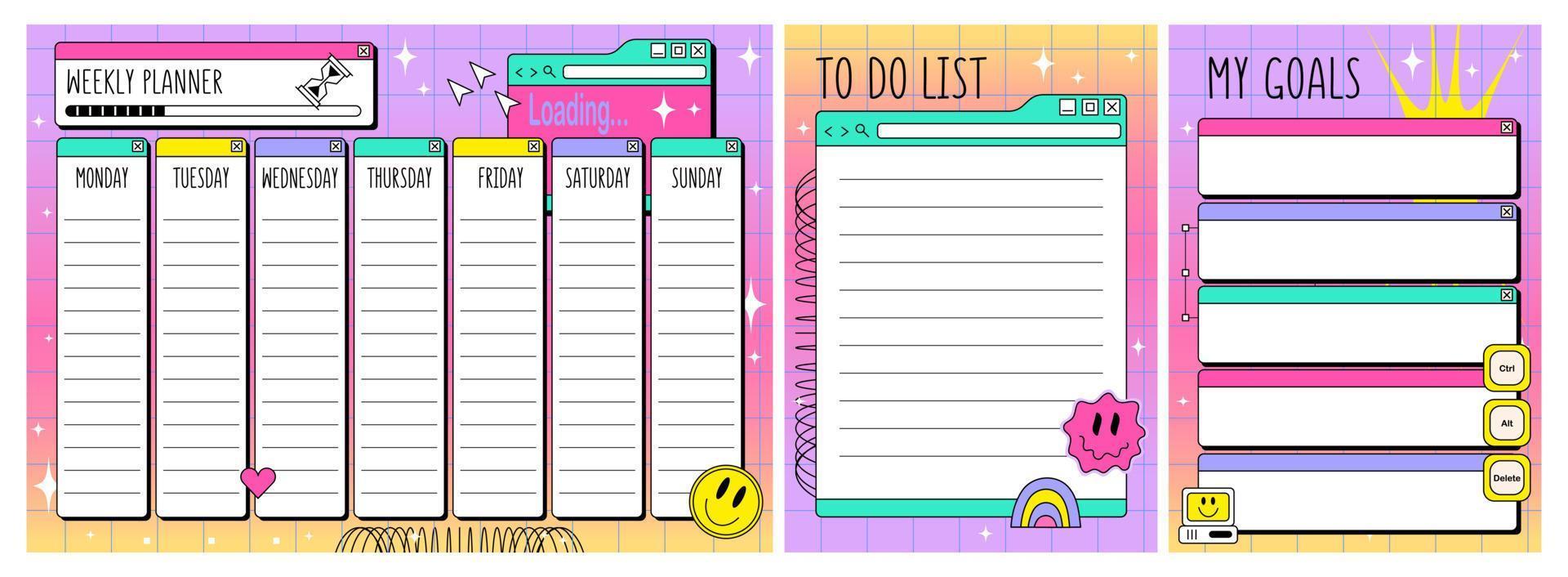 Weekly planner and To Do List  in y2k style. Kids Retrowave schedule design template vector