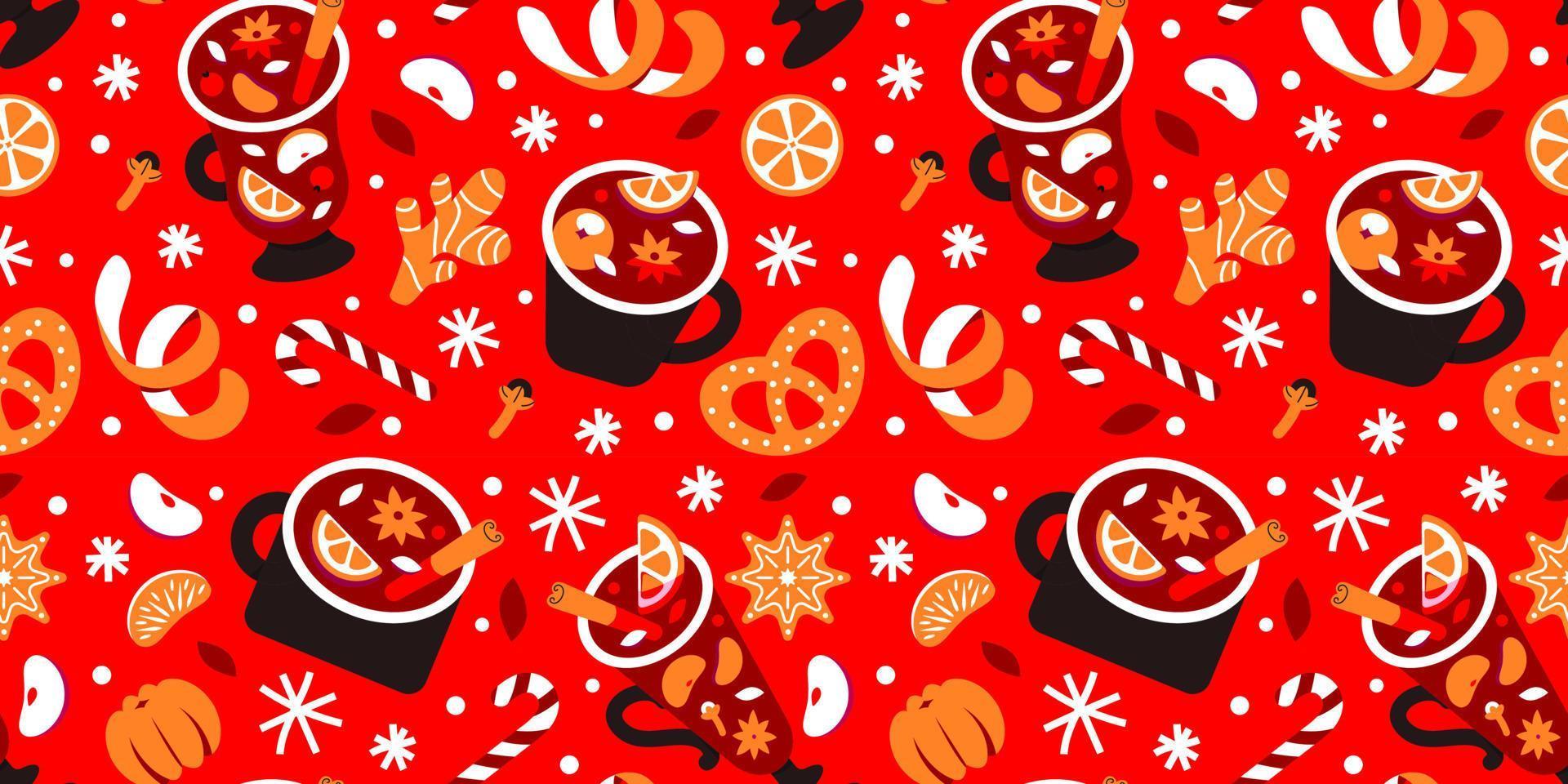 Christmas seamless pattern of hot winter drinks mulled wine. Wine in mugs, glasses and spices vector