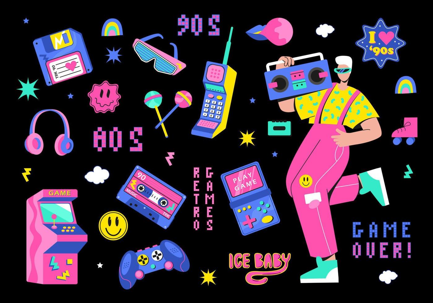 un gran conjunto retro de los años 90, 80. chico bailando y juegos, casete, arkanoid, joystick, decodificador, auriculares, píxeles vector