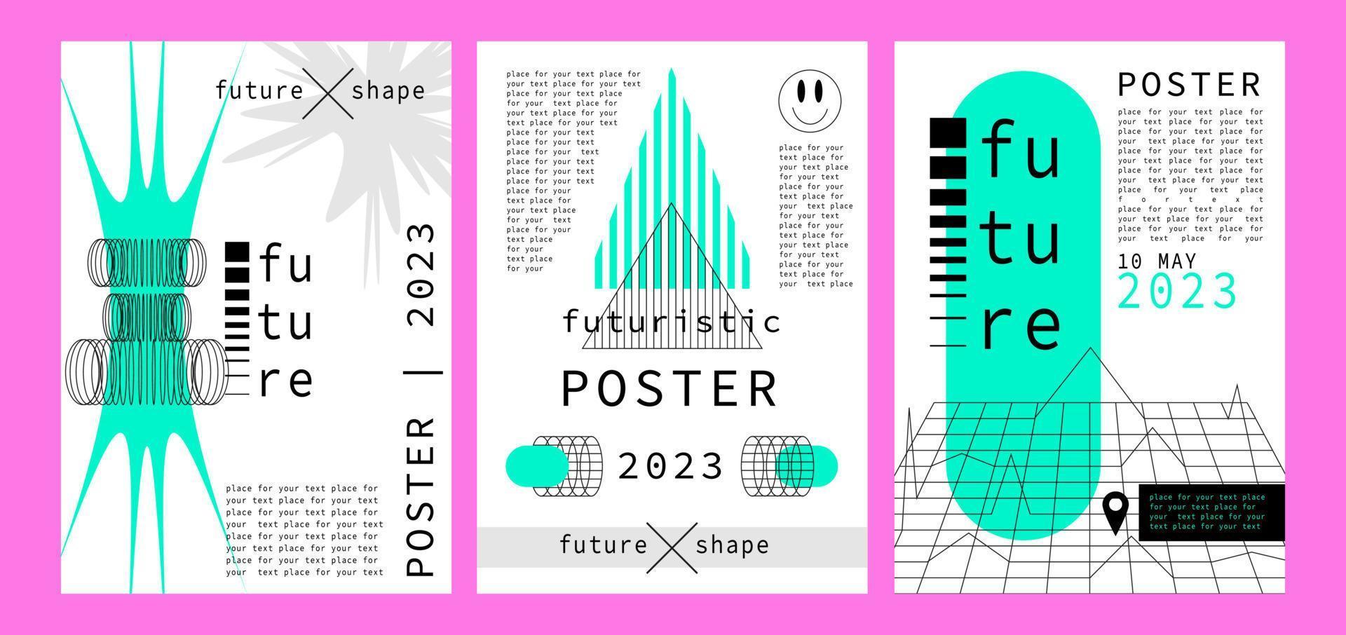 un conjunto de carteles con un extraño warframe futurismo 3d. formas geométricas futuristas estilo geométrico cyberpunk y y2k vector