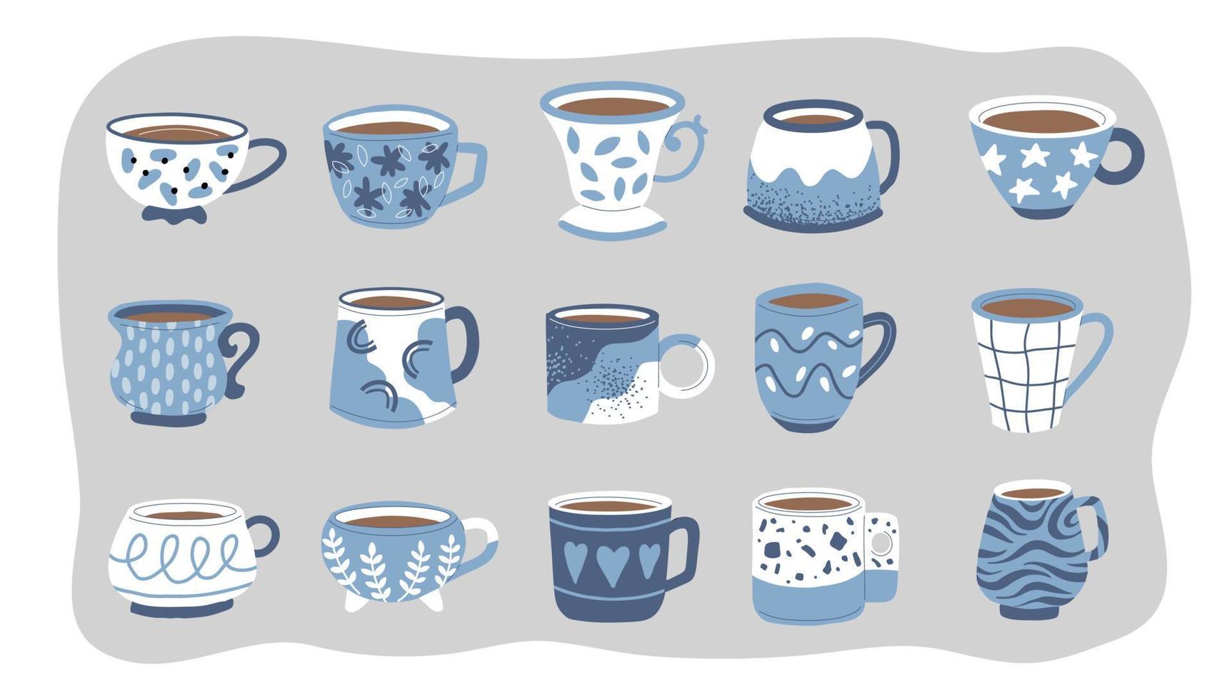 a set of painted ceramic mugs. handmade blue cups. Coffee and Tea collection vector