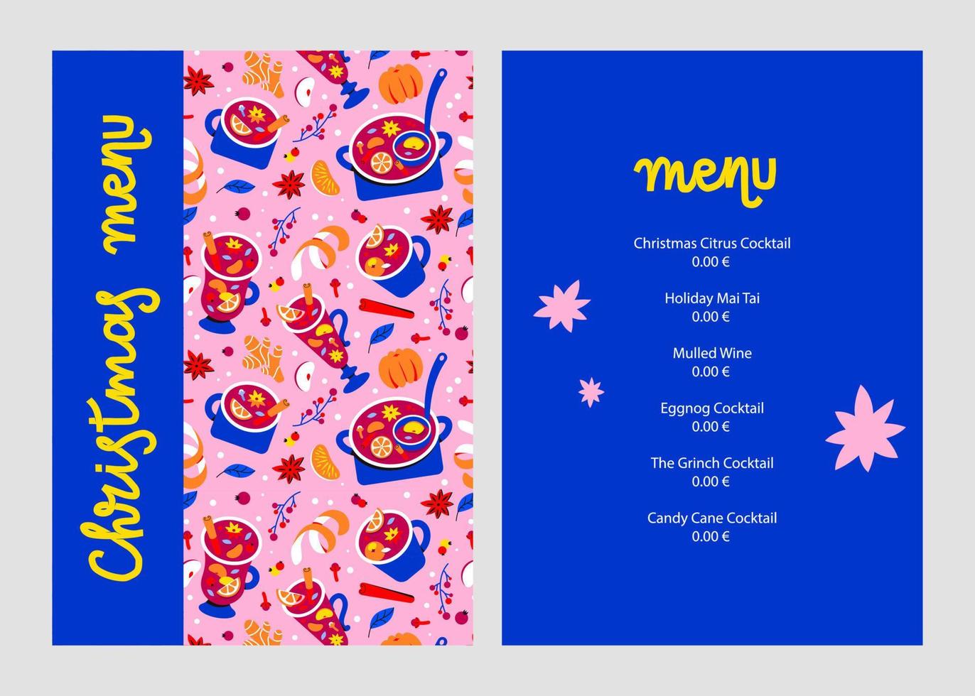 christmas menu template. Hot seasonal drinks. Winter mulled wine, punch and sangria. Wine and spices vector